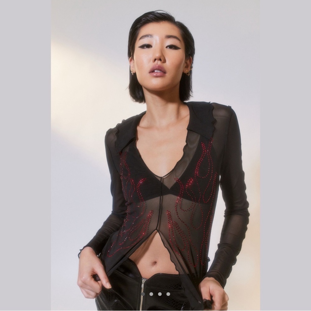 Urban Outfitters Sheer Mesh Rhinestone Flame Top L Y2K Goth Fairy Grunge - Picture 16 of 16